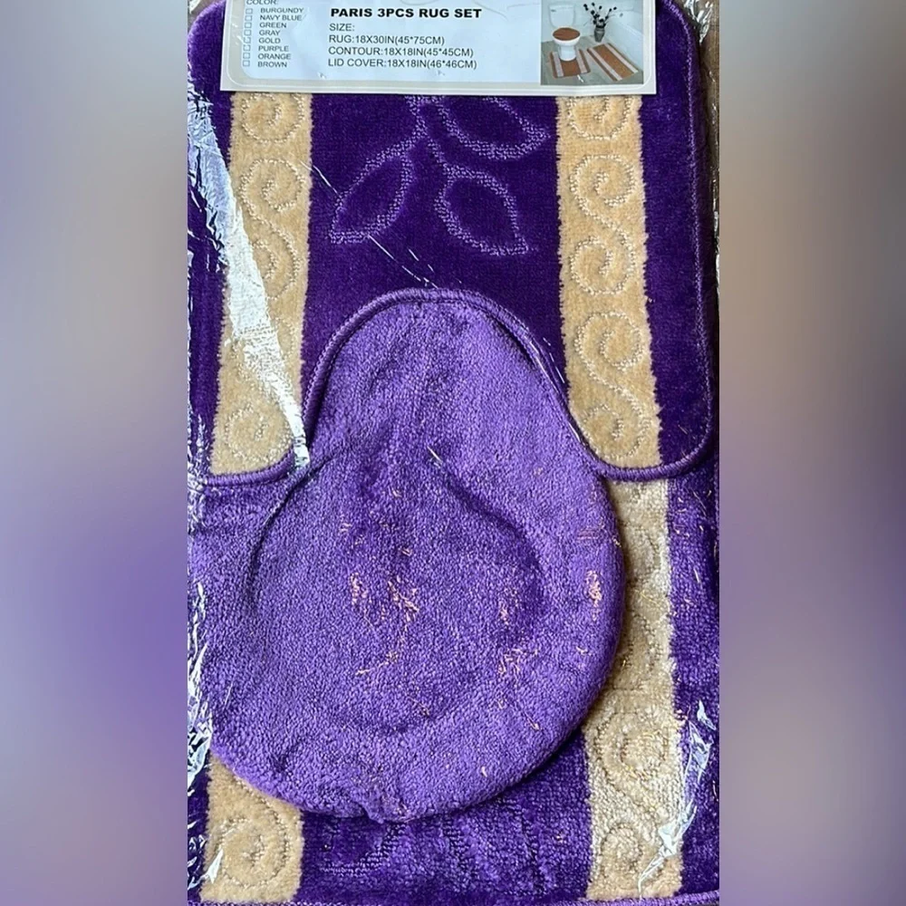Purple 3pc Bathmat Set Non-Slip Absorbent mat and contour rugs, Toilet Lid Cover